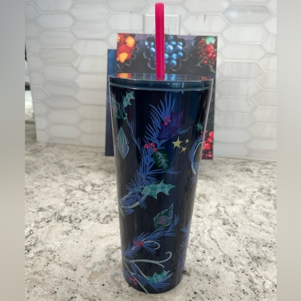 Starbucks 2024 Holiday Blue Peacock Feathers Pine Boughs Winter SS Tumbler. NWT - Picture 3 of 7